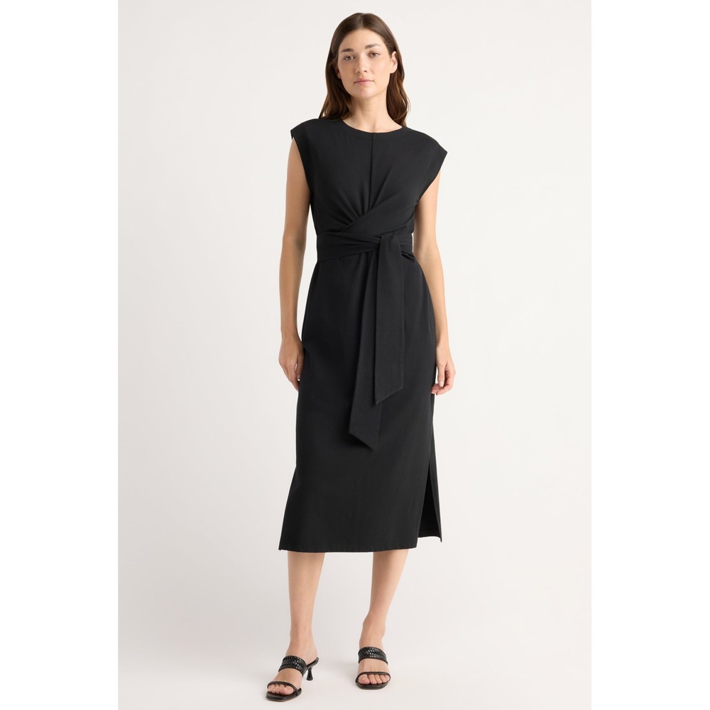Modern Citizen Fei Tie Front Organic Cotton Midi Dress Black Small Petite